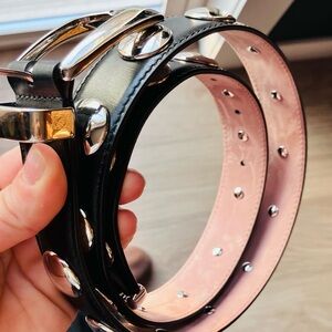 KHAITE Black Leather Belt with Silver Studs